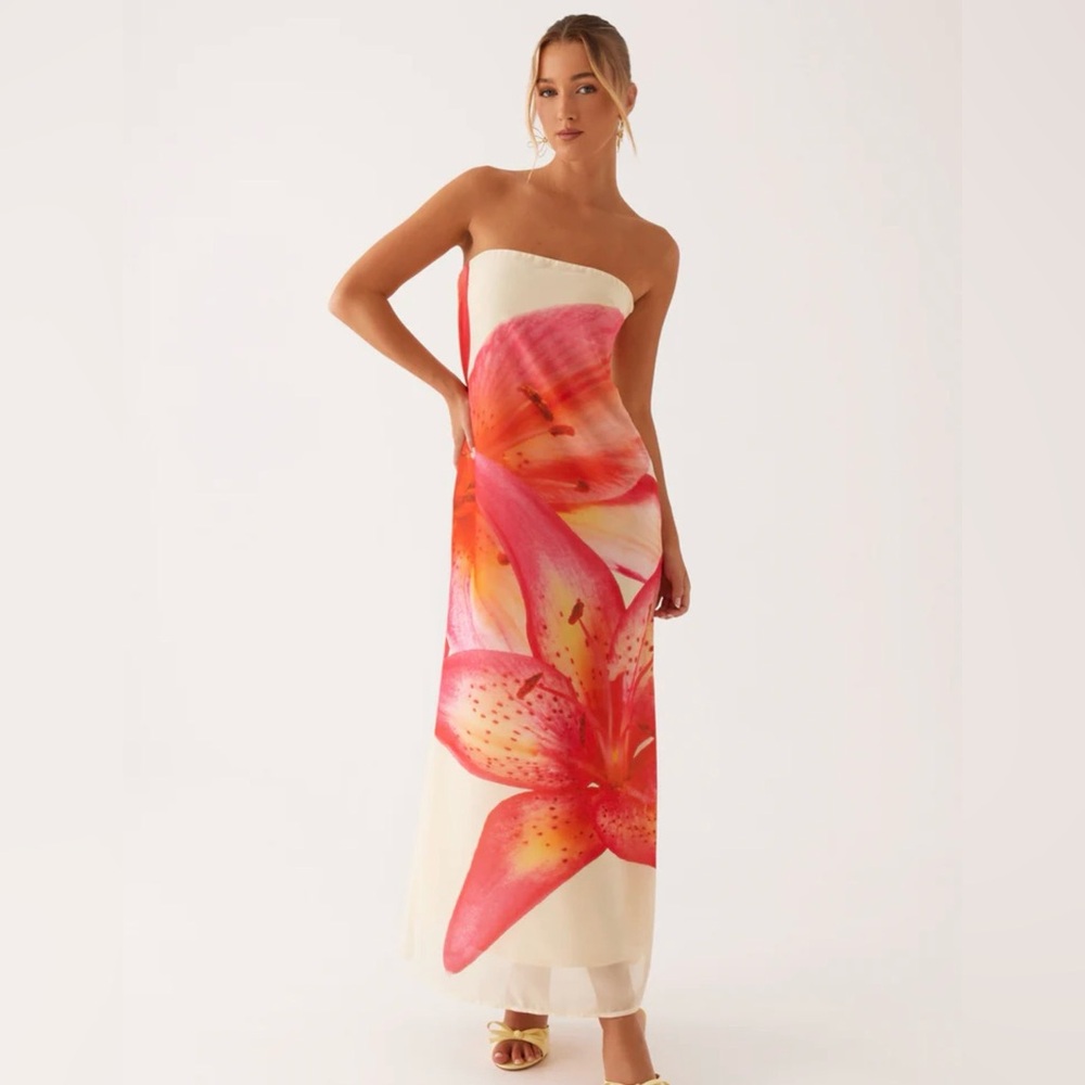 NWT Peppermayo Strapless Maxi Dress with Pink & Orange Floral Print